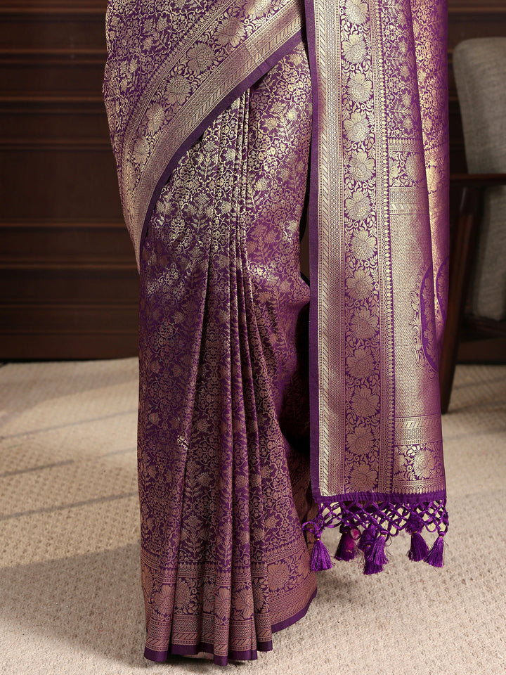 Libas Purple Ethnic Woven Design Silk Blend Tassel Saree