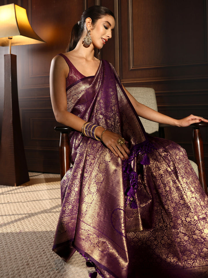 Libas Purple Ethnic Woven Design Silk Blend Tassel Saree
