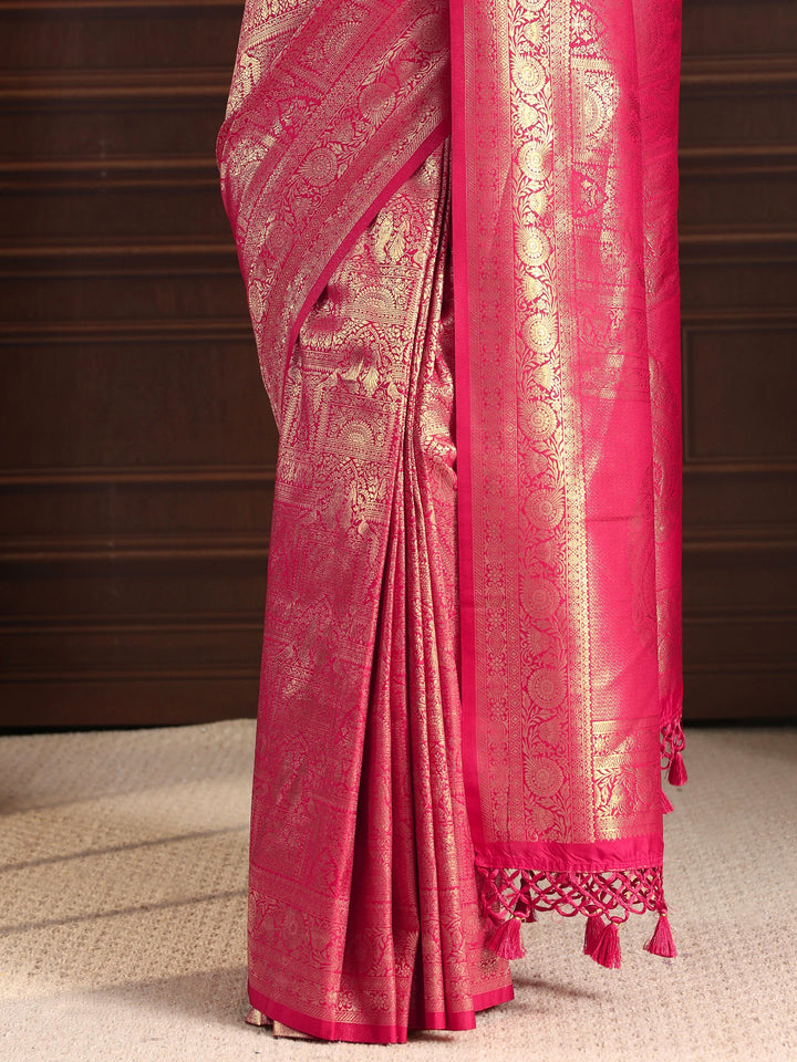 Libas Pink Ethnic Woven Design Silk Blend Tassel Saree