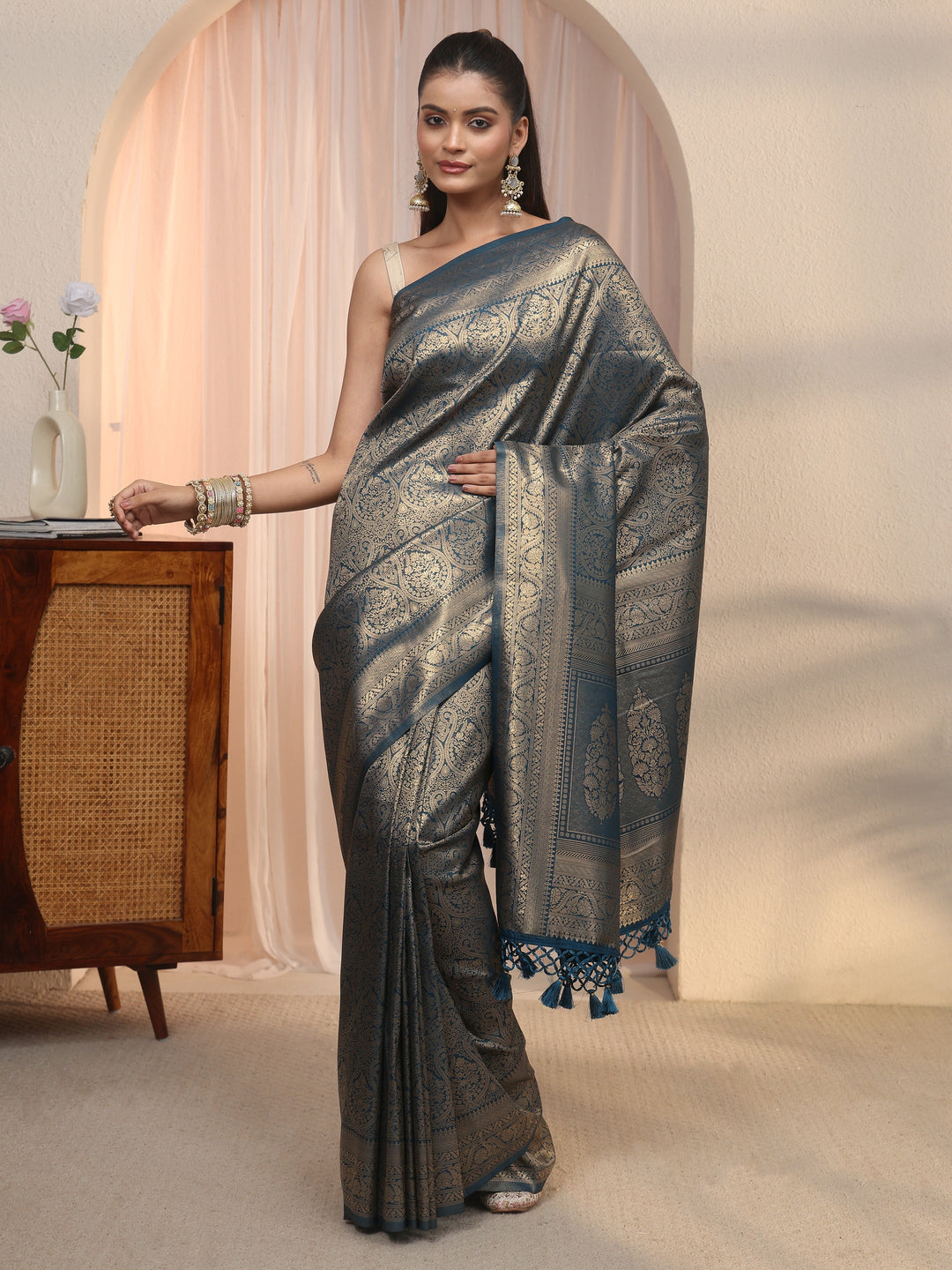 Libas Blue Woven Design Silk Blend Tassel Saree