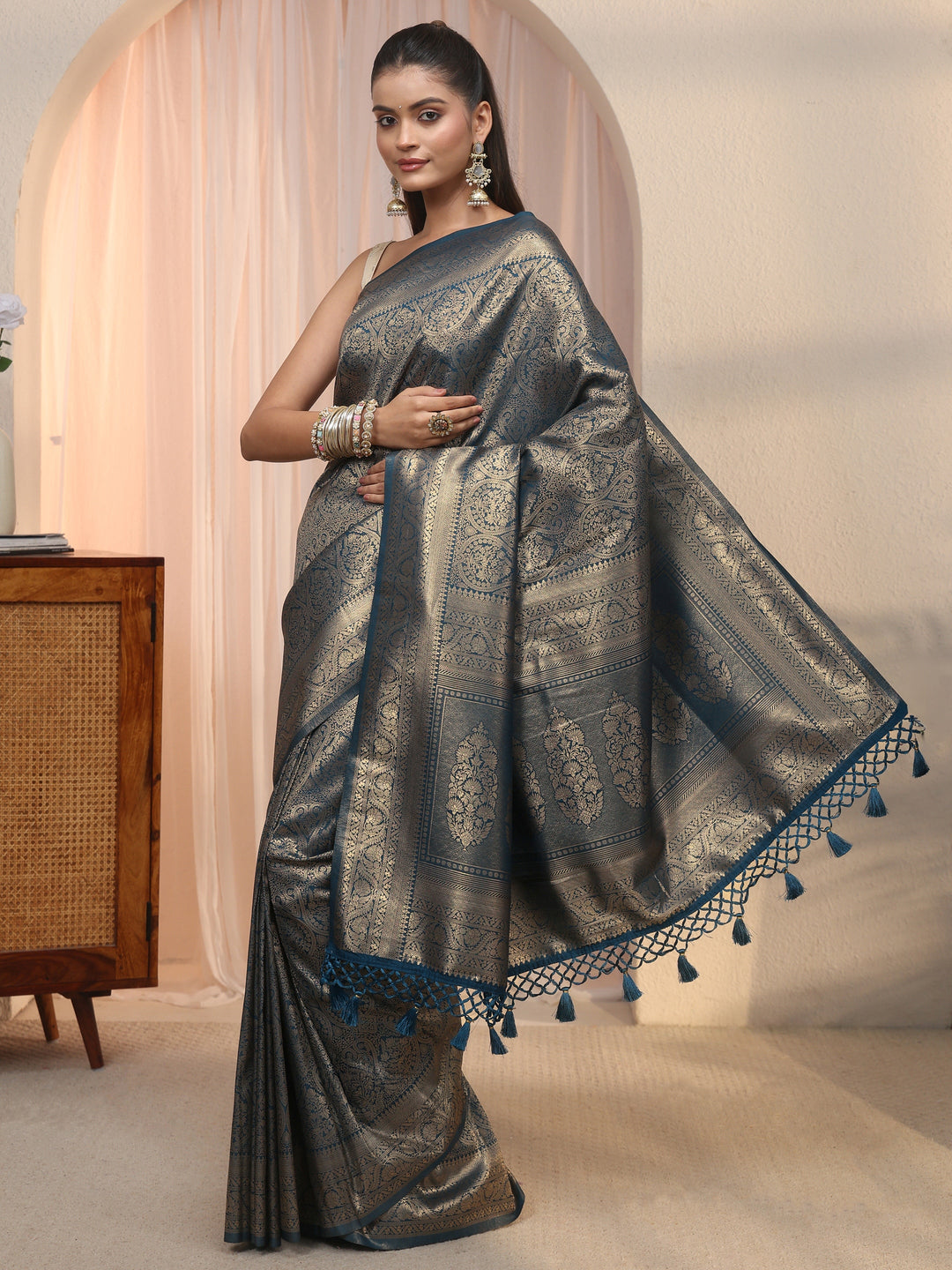 Libas Blue Woven Design Silk Blend Tassel Saree