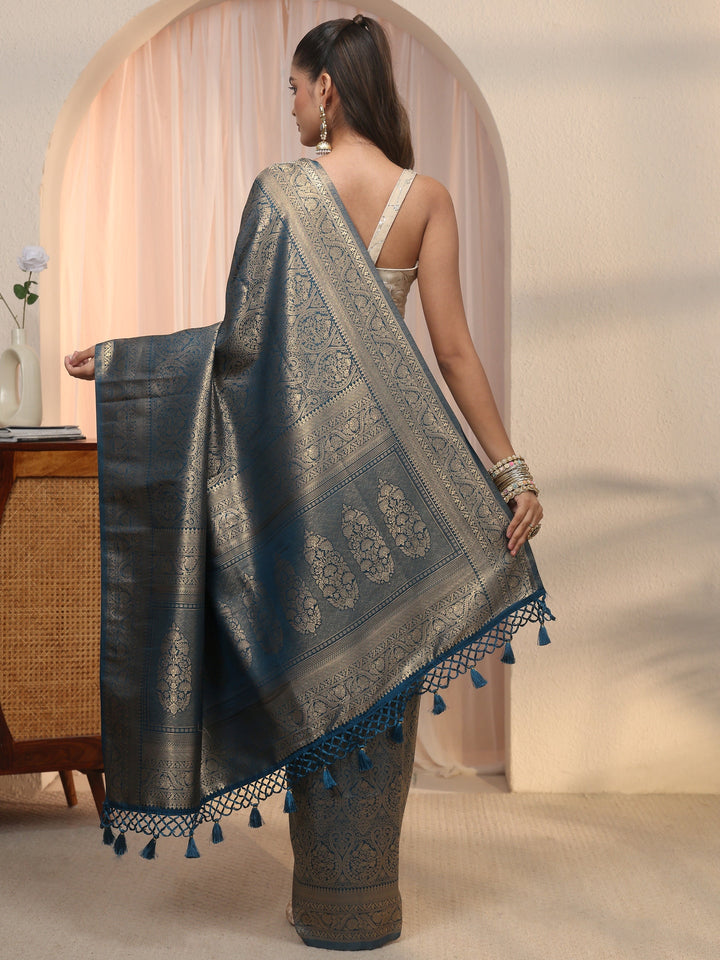 Libas Blue Woven Design Silk Blend Tassel Saree
