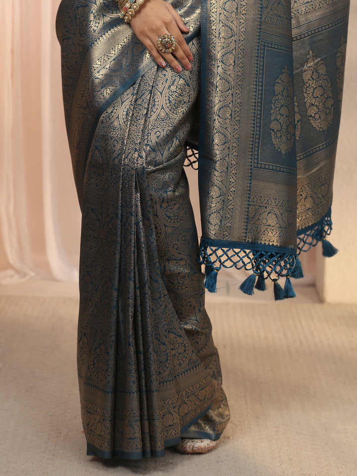 Libas Blue Woven Design Silk Blend Tassel Saree