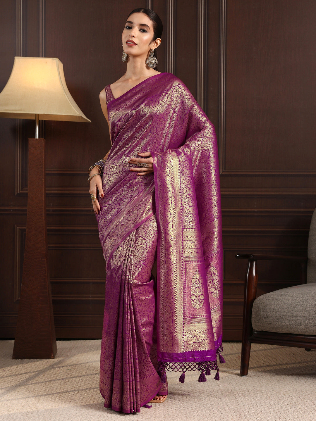Libas Wine Ethnic Woven Design Silk Blend Tassel Saree