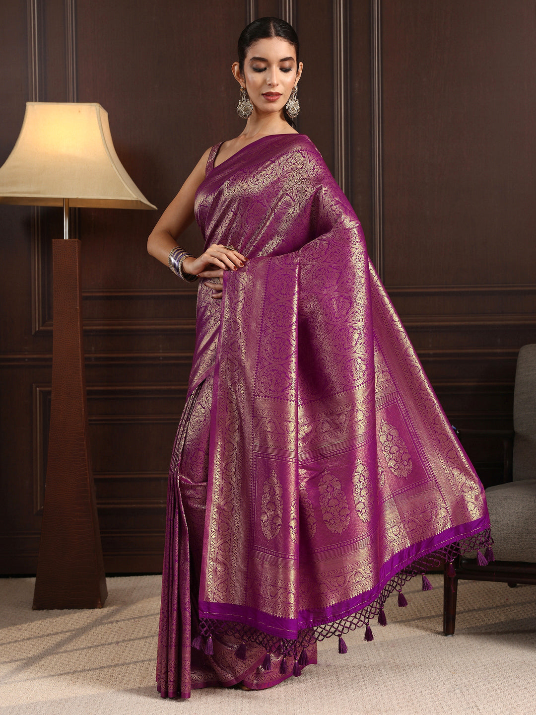 Libas Wine Ethnic Woven Design Silk Blend Tassel Saree