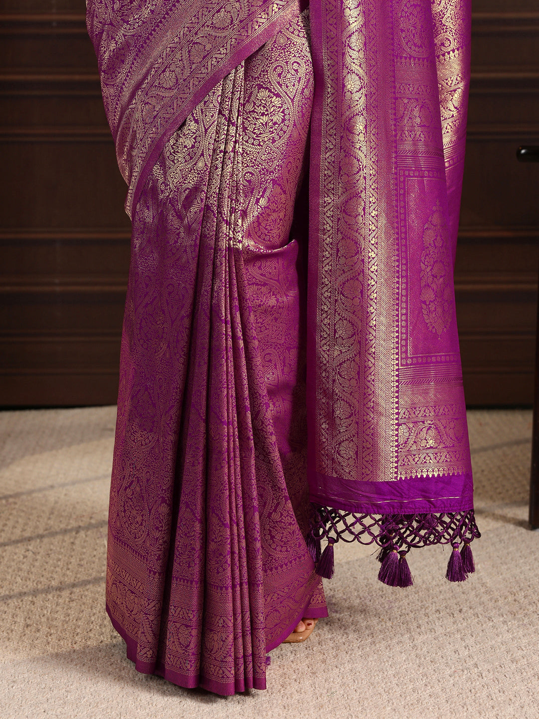 Libas Wine Ethnic Woven Design Silk Blend Tassel Saree