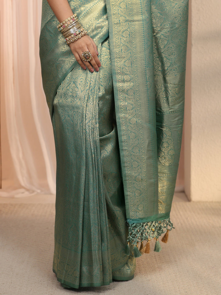 Libas Green Woven Design Silk Blend Tassel Saree