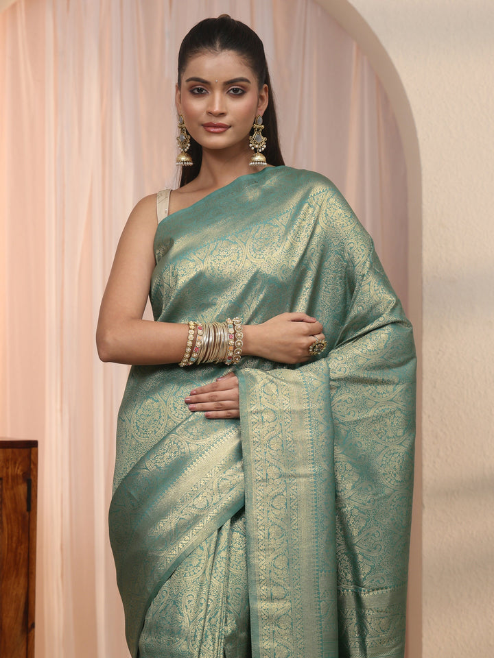 Libas Green Woven Design Silk Blend Tassel Saree