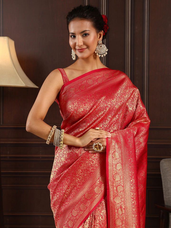 Libas Red Ethnic Woven Design Silk Blend Tassel Saree