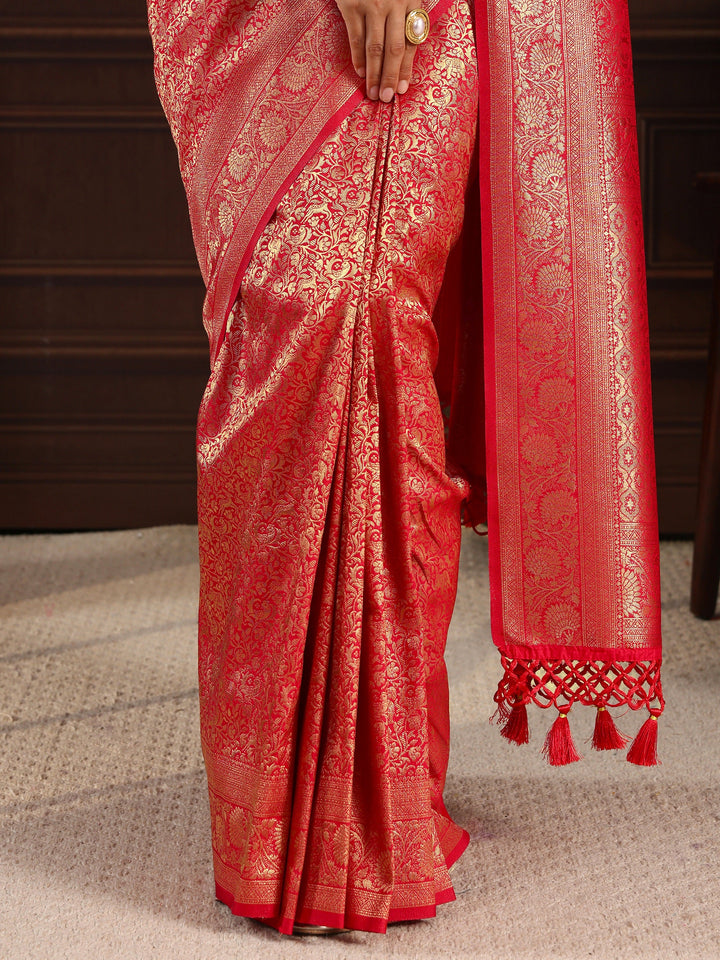 Libas Red Ethnic Woven Design Silk Blend Tassel Saree