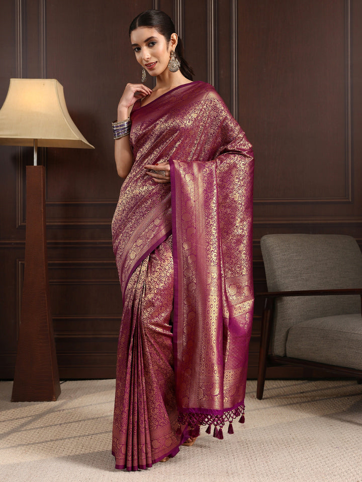 Libas Purple Ethnic Woven Design Silk Blend Tassel Saree
