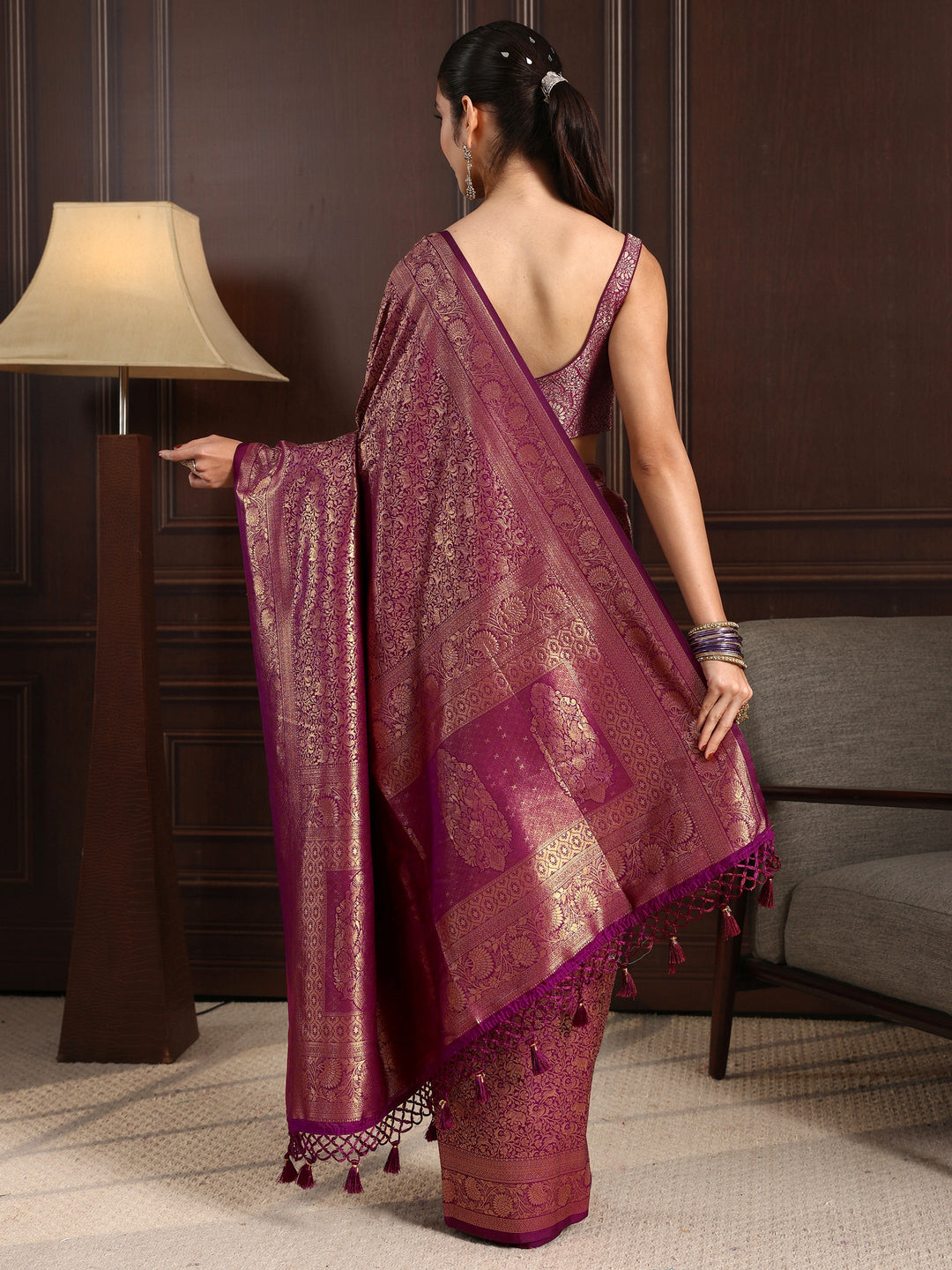 Libas Purple Ethnic Woven Design Silk Blend Tassel Saree