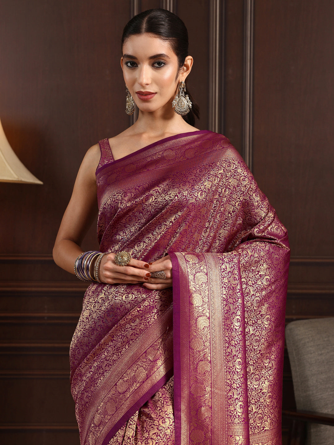 Libas Purple Ethnic Woven Design Silk Blend Tassel Saree