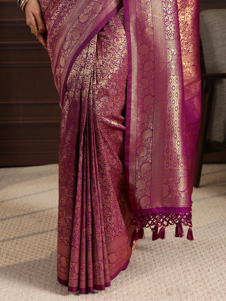 Libas Purple Ethnic Woven Design Silk Blend Tassel Saree