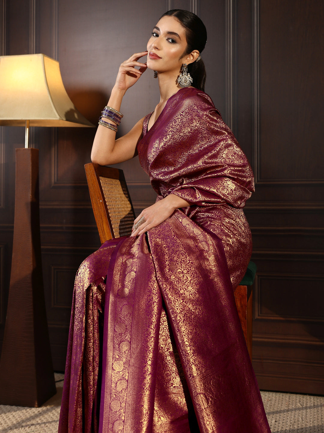 Libas Purple Ethnic Woven Design Silk Blend Tassel Saree