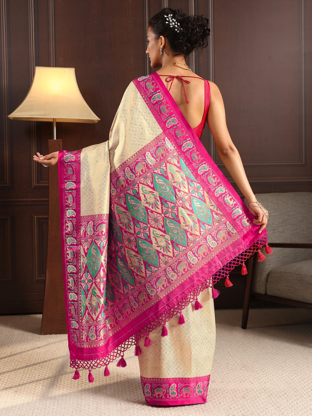 Libas Cream Chevron Woven Design Silk Blend Tassel Saree