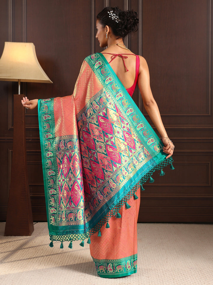 Libas Peach Chevron Woven Design Silk Blend Tassel Saree