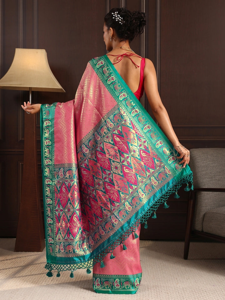 Libas Pink Chevron Woven Design Silk Blend Tassel Saree