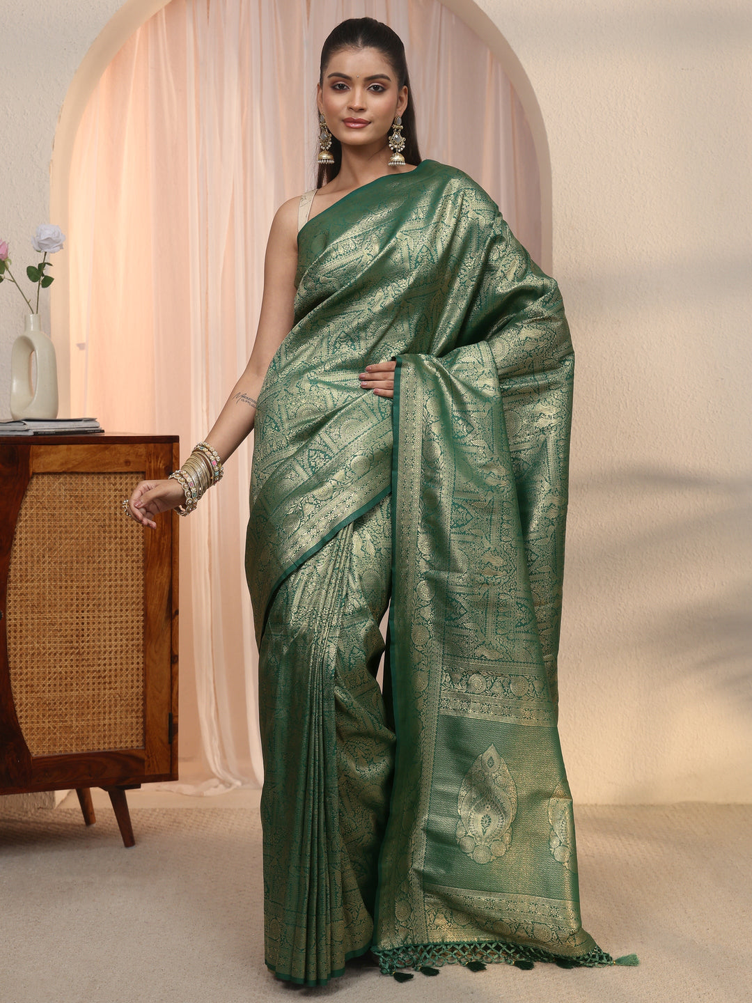 Libas Green Woven Design Silk Blend Tassel Saree