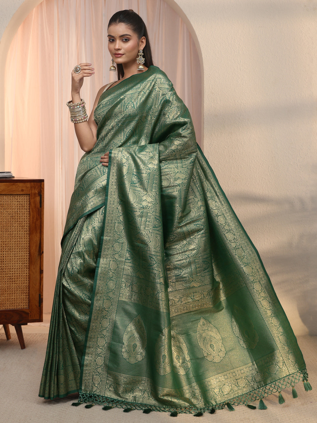 Libas Green Woven Design Silk Blend Tassel Saree