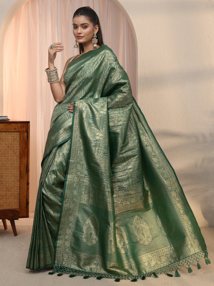 Libas Green Woven Design Silk Blend Tassel Saree