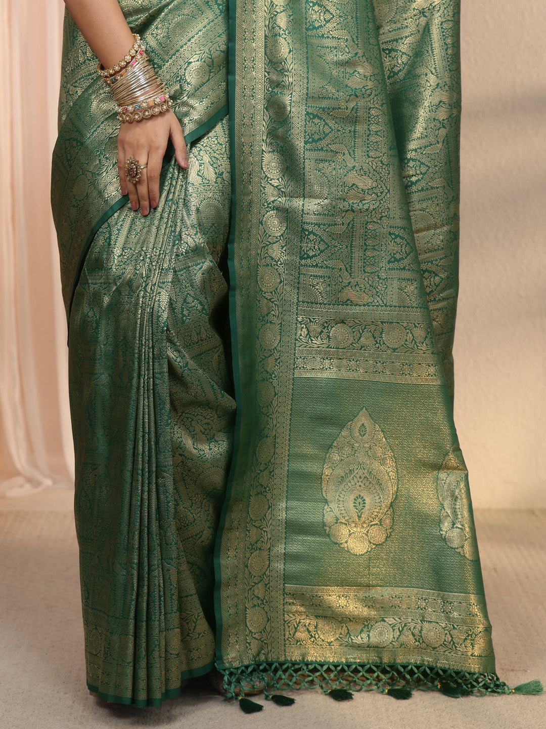 Libas Green Woven Design Silk Blend Tassel Saree