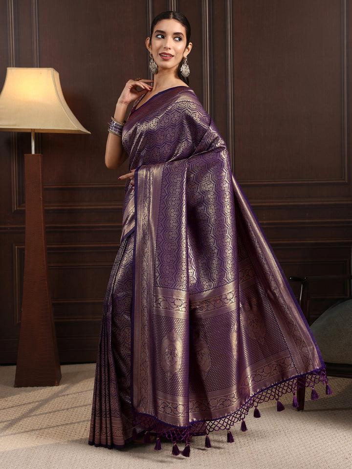 Libas Purple Ethnic Woven Design Silk Blend Tassel Saree