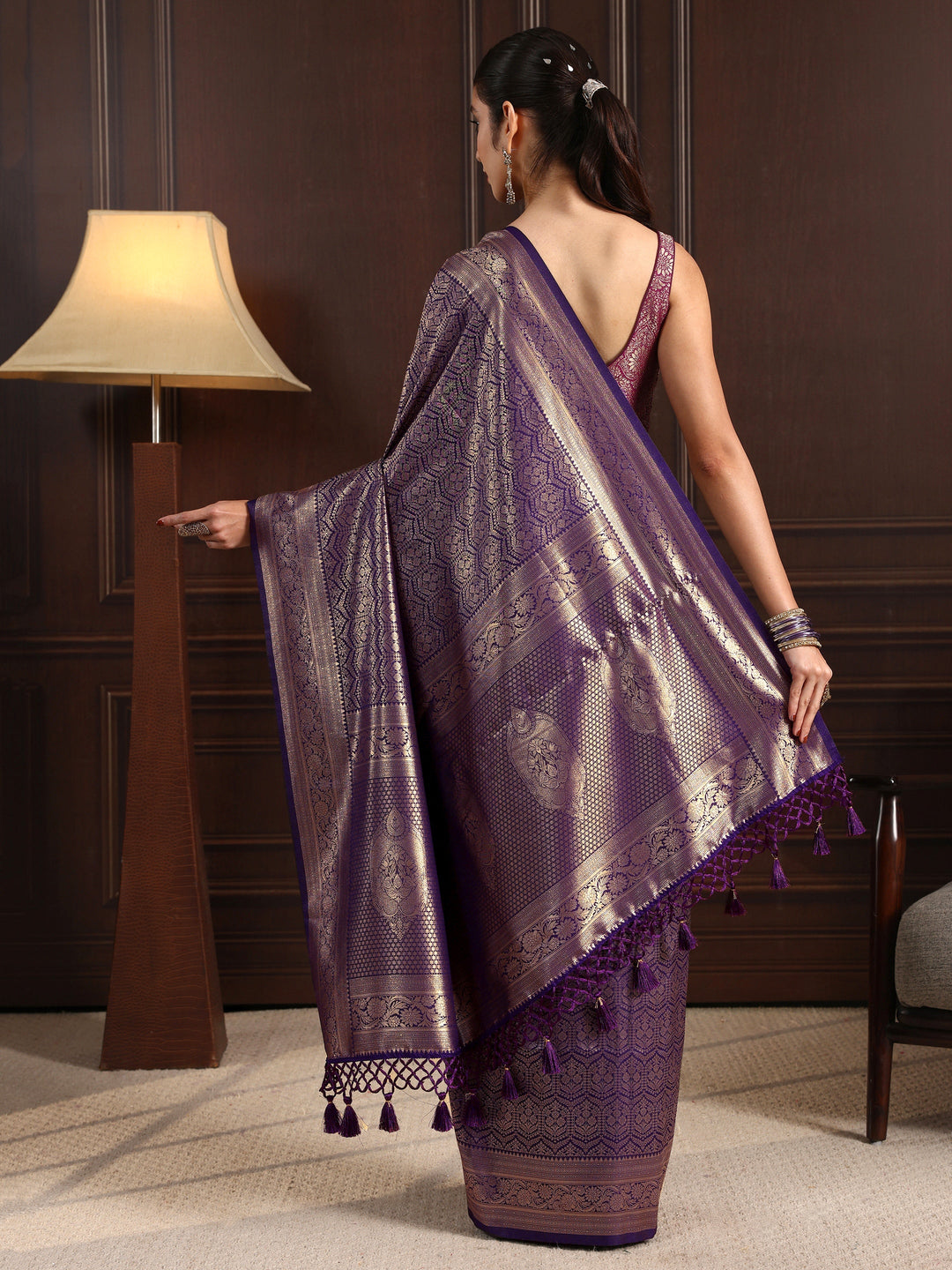 Libas Purple Ethnic Woven Design Silk Blend Tassel Saree