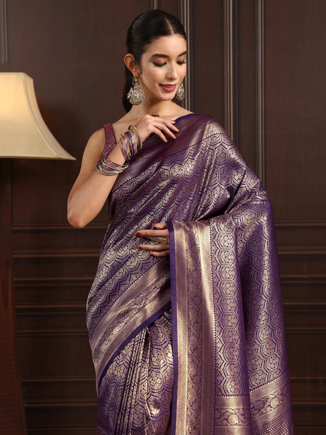 Libas Purple Ethnic Woven Design Silk Blend Tassel Saree