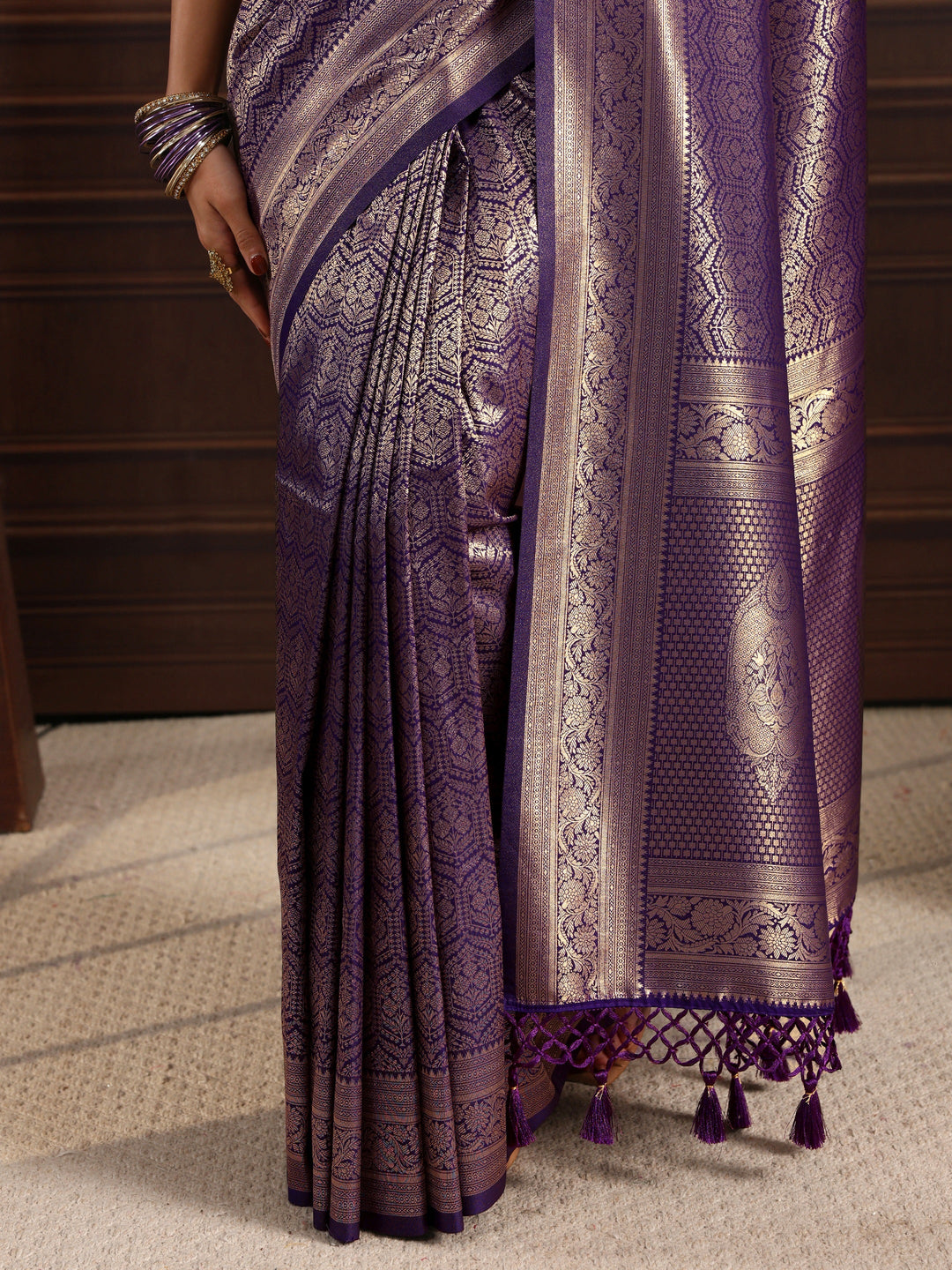 Libas Purple Ethnic Woven Design Silk Blend Tassel Saree