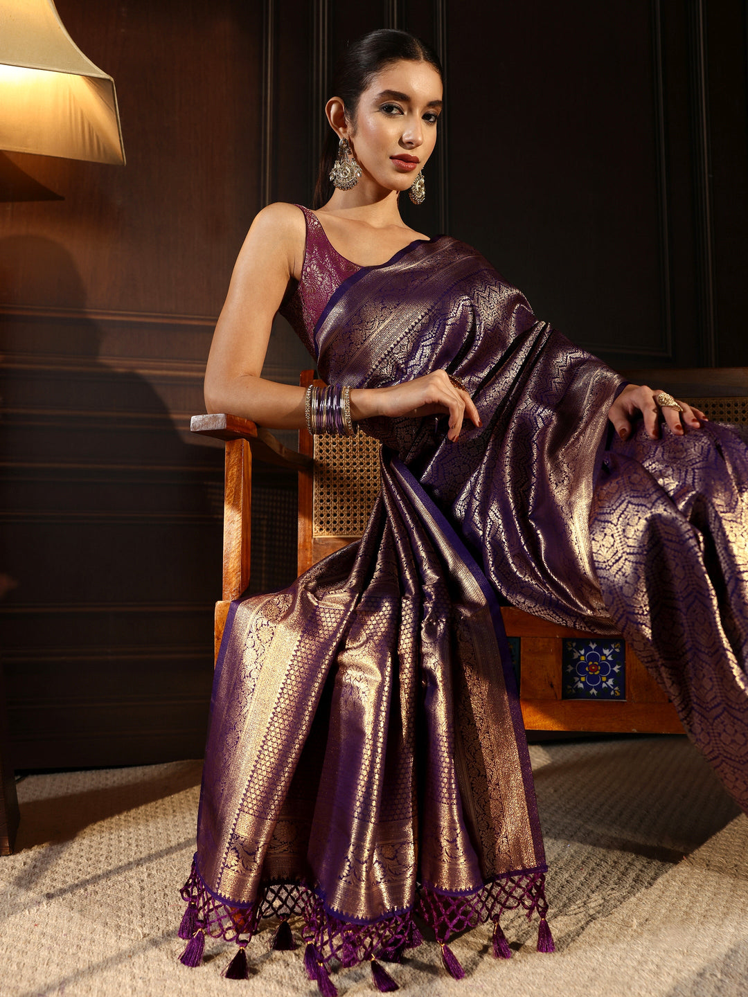 Libas Purple Ethnic Woven Design Silk Blend Tassel Saree