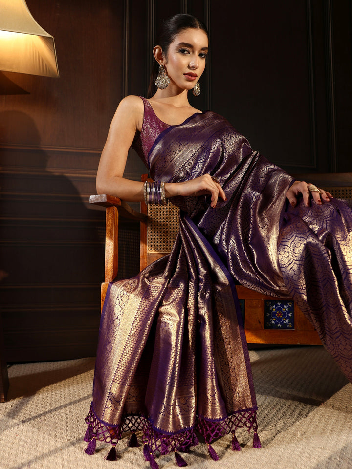 Libas Purple Ethnic Woven Design Silk Blend Tassel Saree