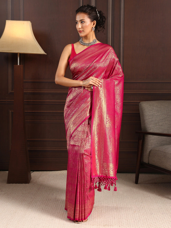 Libas Pink Ethnic Woven Design Silk Blend Tassel Saree
