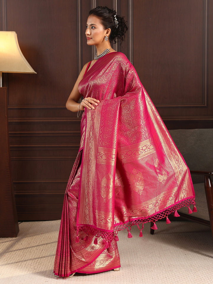 Libas Pink Ethnic Woven Design Silk Blend Tassel Saree