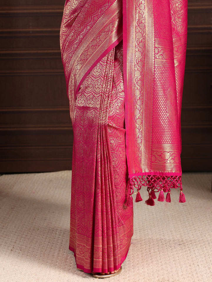Libas Pink Ethnic Woven Design Silk Blend Tassel Saree