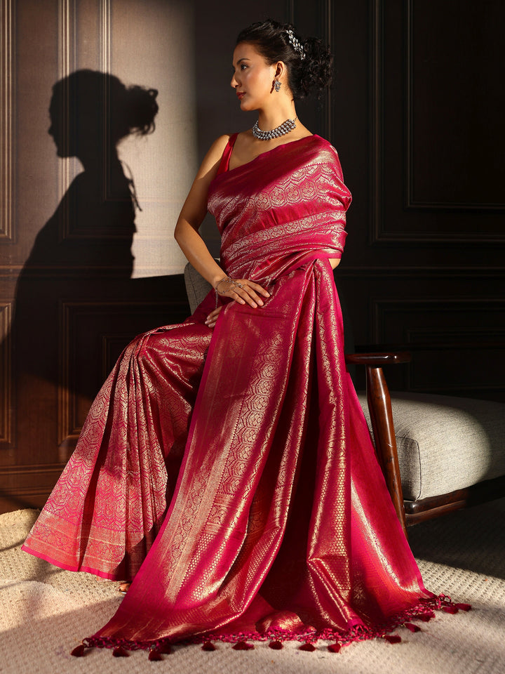 Libas Pink Ethnic Woven Design Silk Blend Tassel Saree