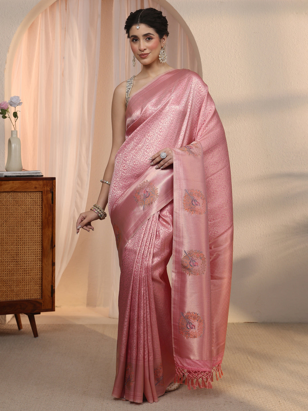 Libas Peach Floral Woven Design Silk Blend Tassel Saree