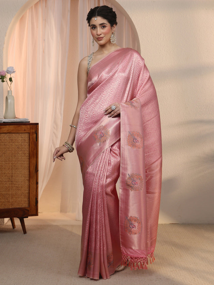 Libas Peach Floral Woven Design Silk Blend Tassel Saree
