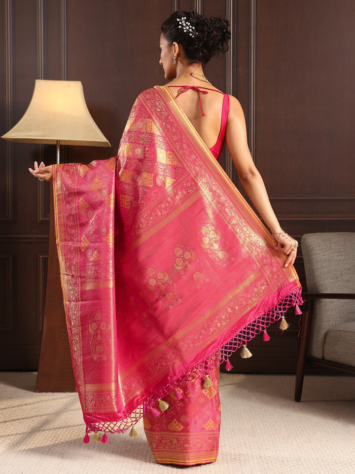 Libas Art Pink Ethnic Woven Design Silk Blend Tassel Saree
