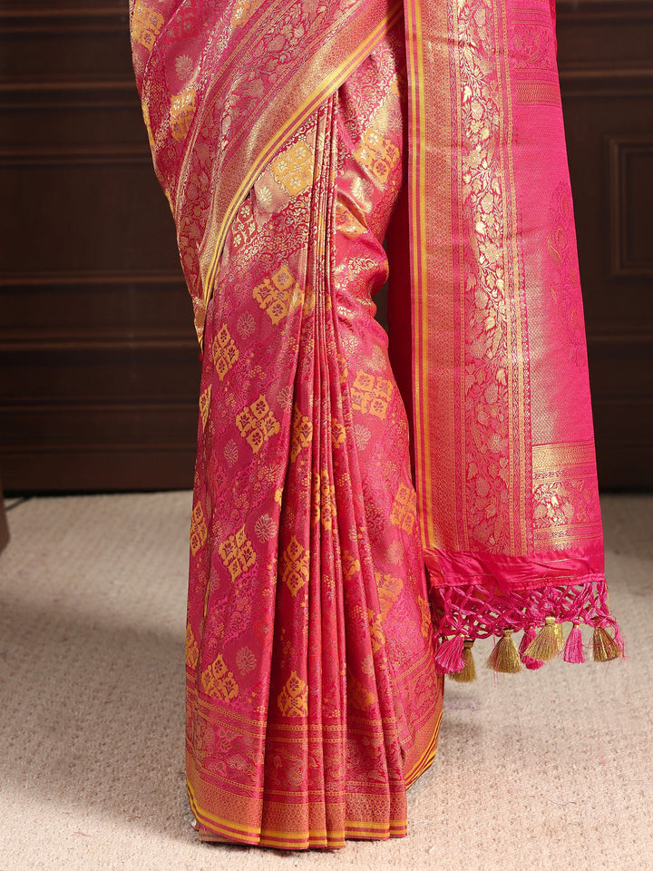 Libas Art Pink Ethnic Woven Design Silk Blend Tassel Saree