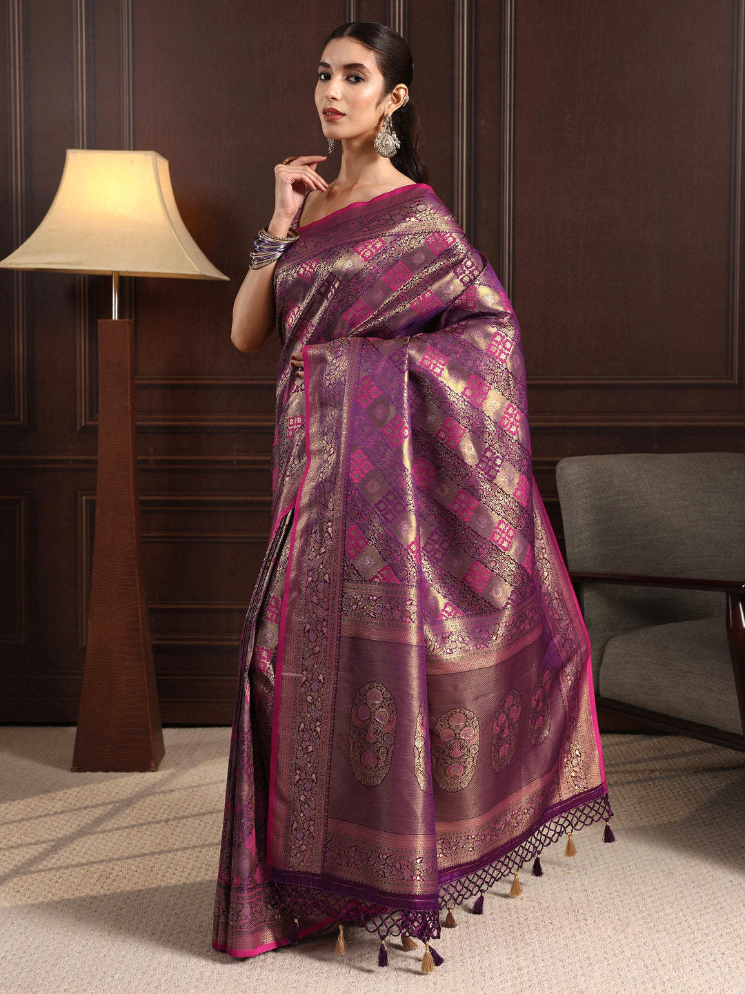 Libas Art Purple Ethnic Woven Design Silk Blend Tassel Saree
