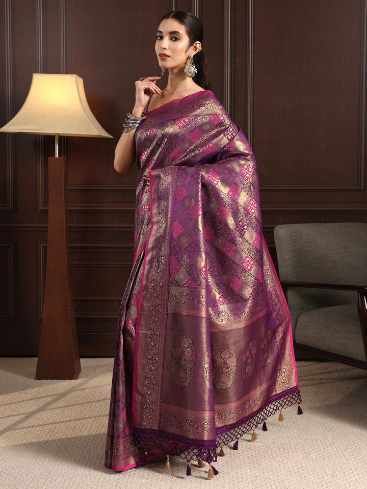 Libas Art Purple Ethnic Woven Design Silk Blend Tassel Saree