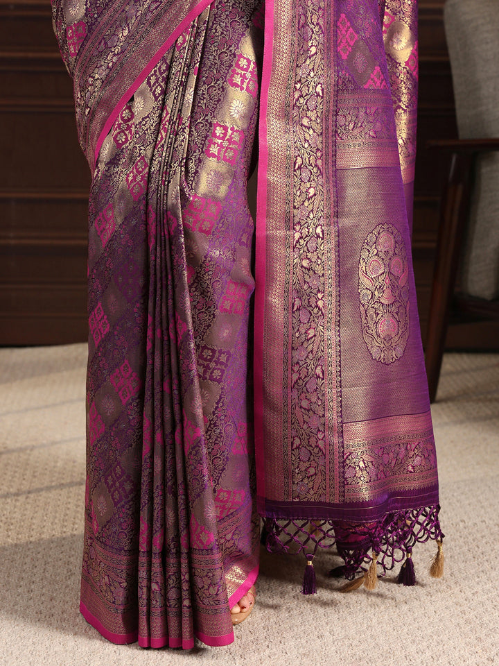 Libas Art Purple Ethnic Woven Design Silk Blend Tassel Saree