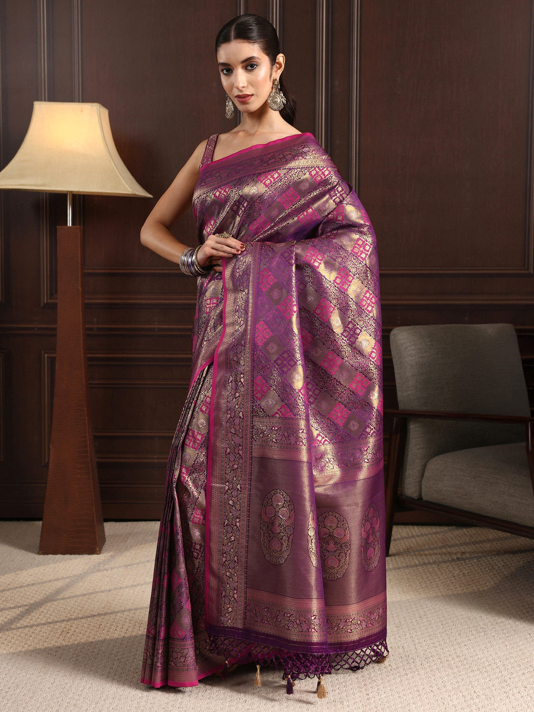 Libas Art Purple Ethnic Woven Design Silk Blend Tassel Saree