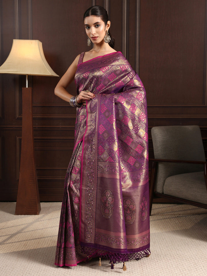 Libas Art Purple Ethnic Woven Design Silk Blend Tassel Saree
