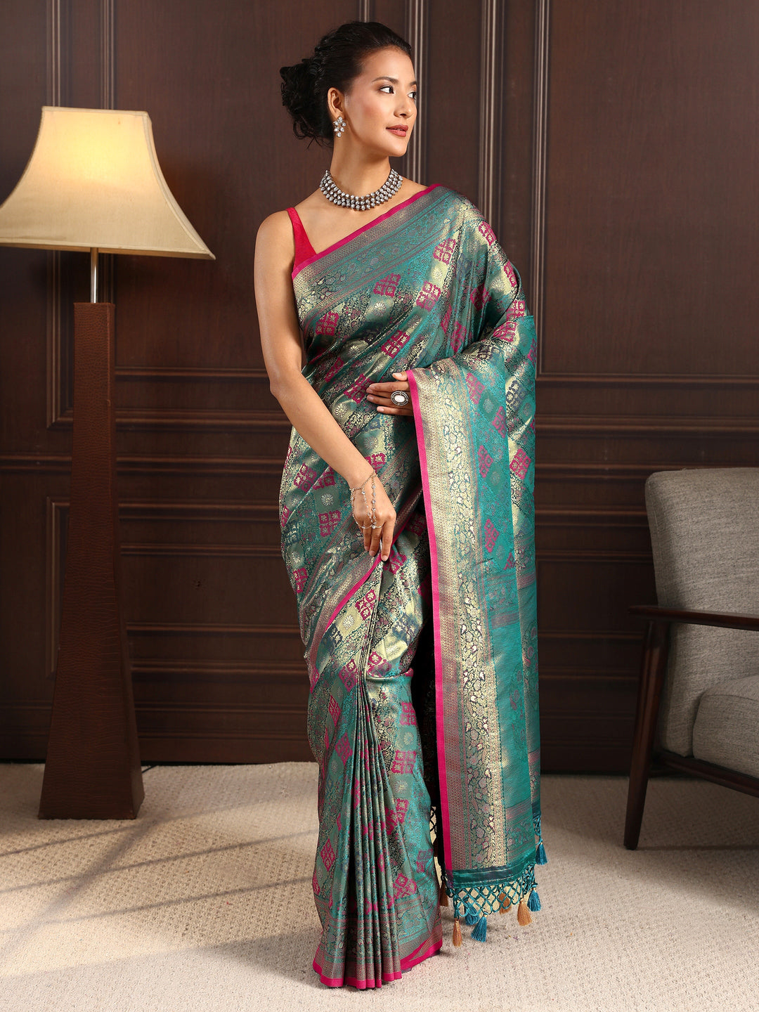 Libas Art Blue Ethnic Woven Design Silk Blend Tassel Saree