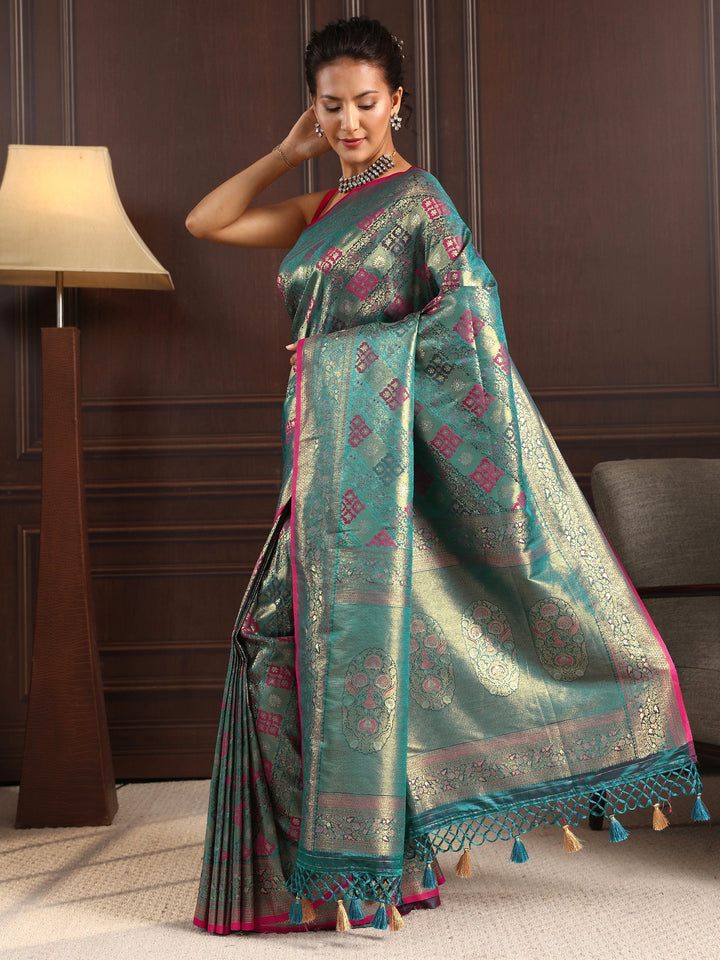 Libas Art Blue Ethnic Woven Design Silk Blend Tassel Saree