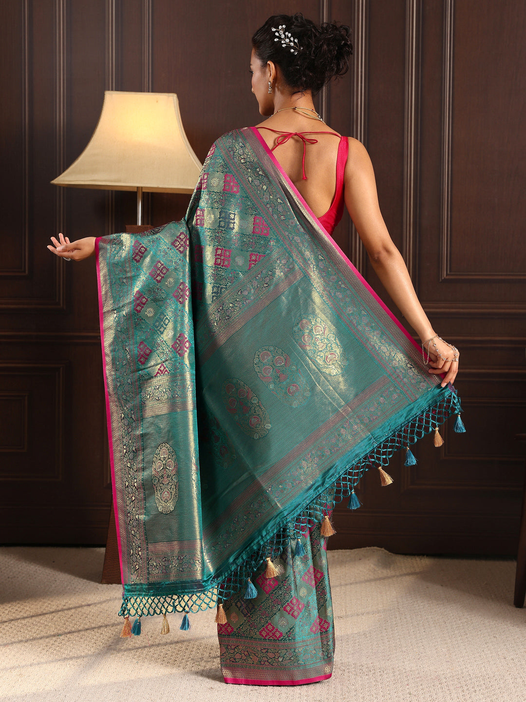 Libas Art Blue Ethnic Woven Design Silk Blend Tassel Saree