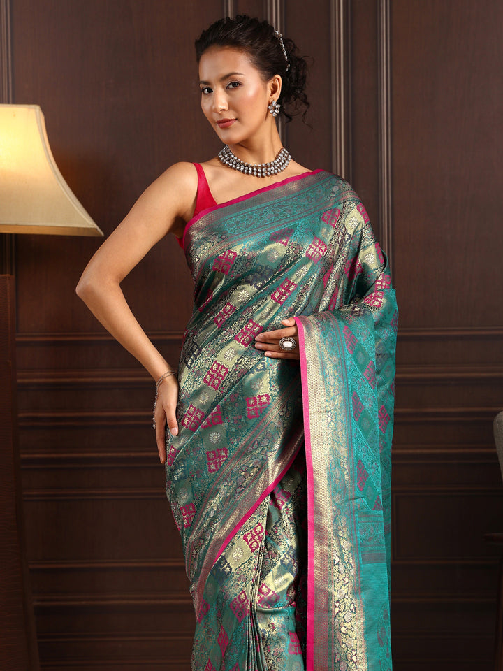 Libas Art Blue Ethnic Woven Design Silk Blend Tassel Saree
