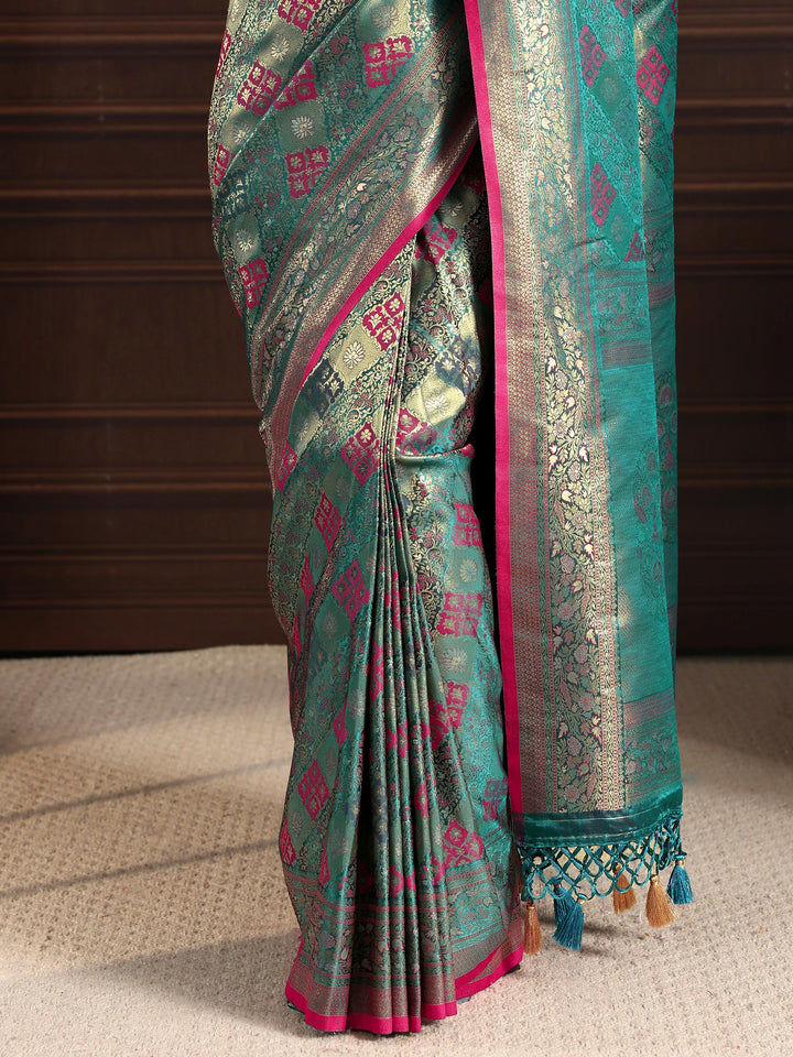Libas Art Blue Ethnic Woven Design Silk Blend Tassel Saree